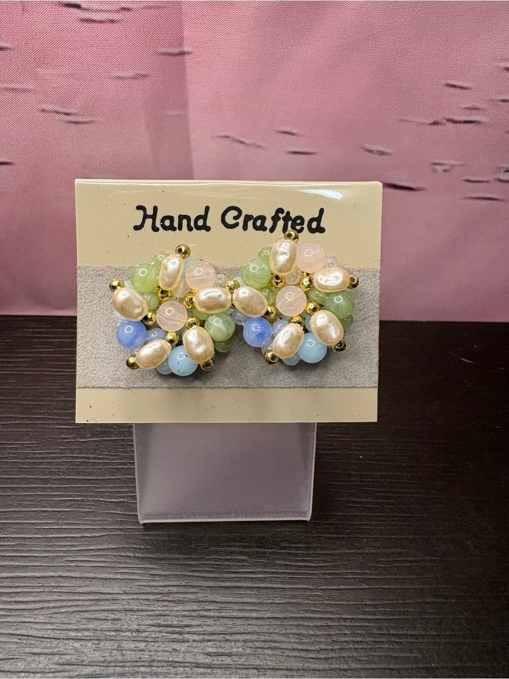 Vintage Handcrafted pastel bead faux pearl cluster earrings. New Old Stock.